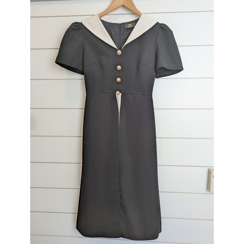 Vintage 1960s Mod Mini Twiggy Dress Black Sailor Collar Pearl Dolce Vita XS